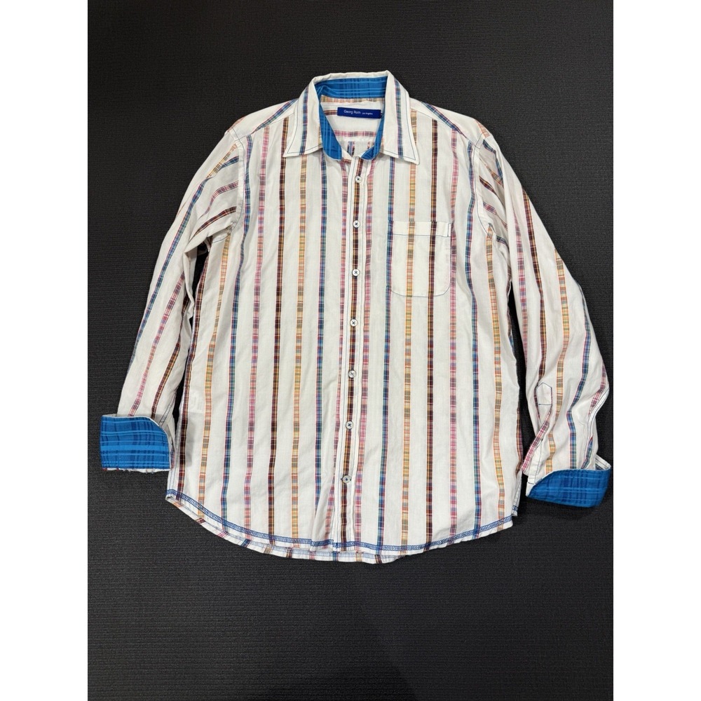 Georg Roth Flip Cuff Plaid Striped Cotton Shirt Mens Large Button Up